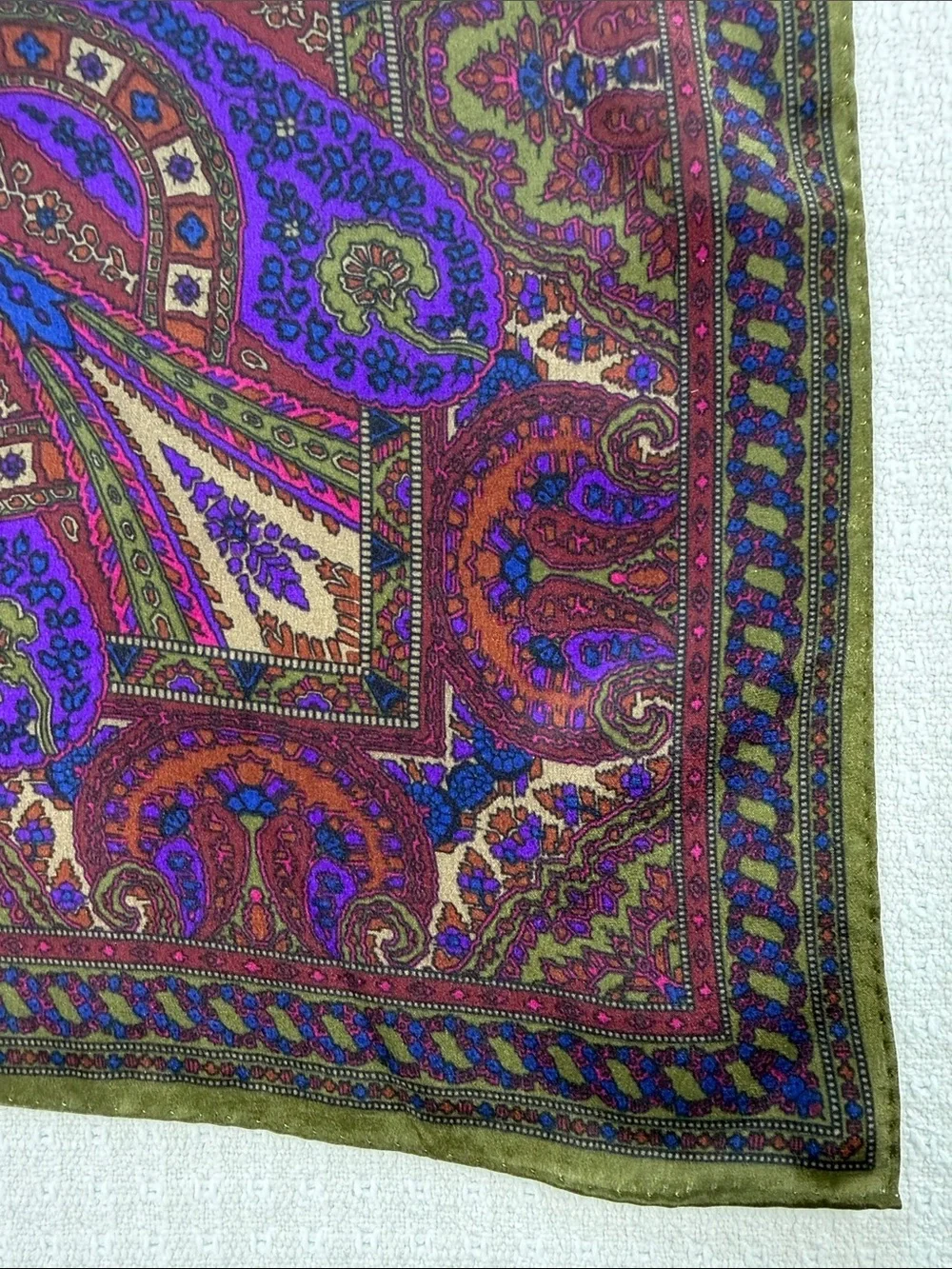 Paisley, print square silk scarf, purple, burgundy, blue pink green